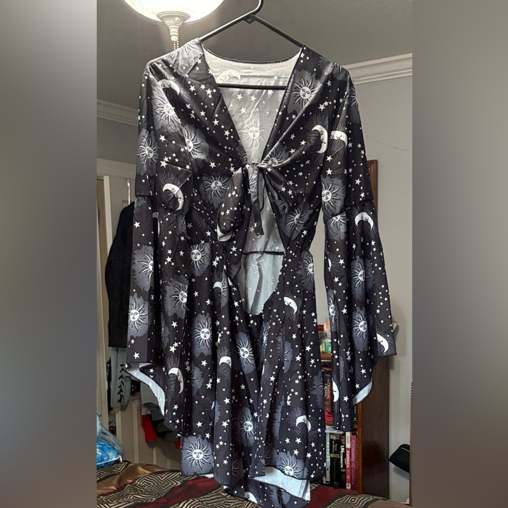 Black and White Celestial Print tie front dress